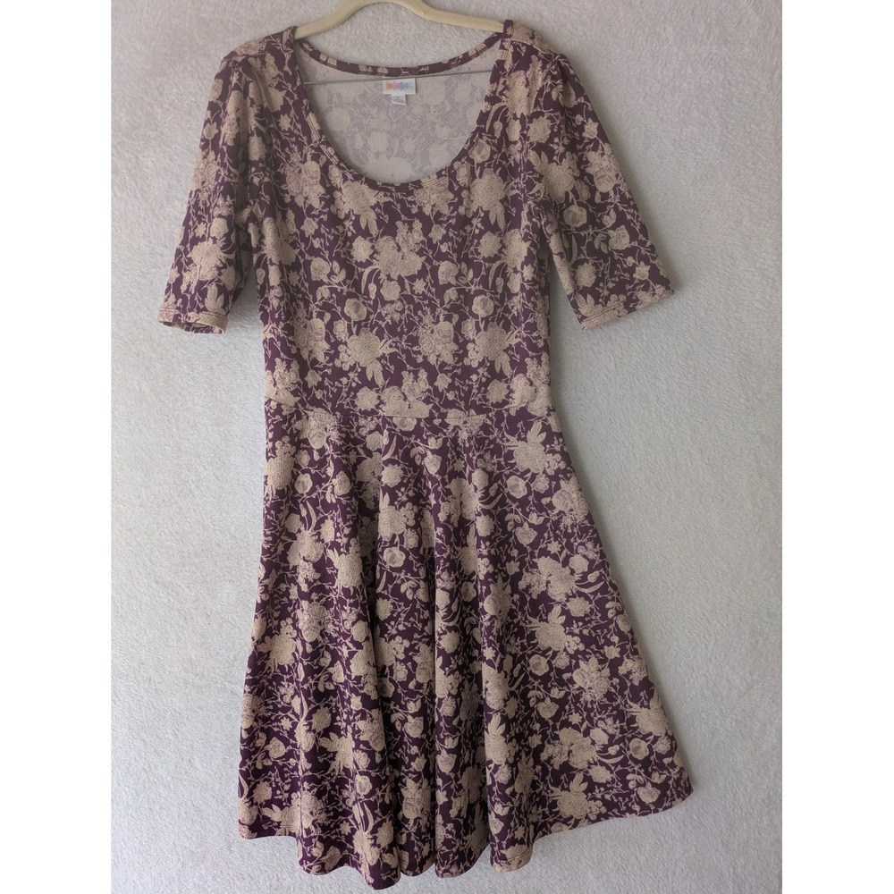LuLaRoe Nicole Dress Women XL Purple Floral Fit & Flare Scoop Neck Elbow Sleeve